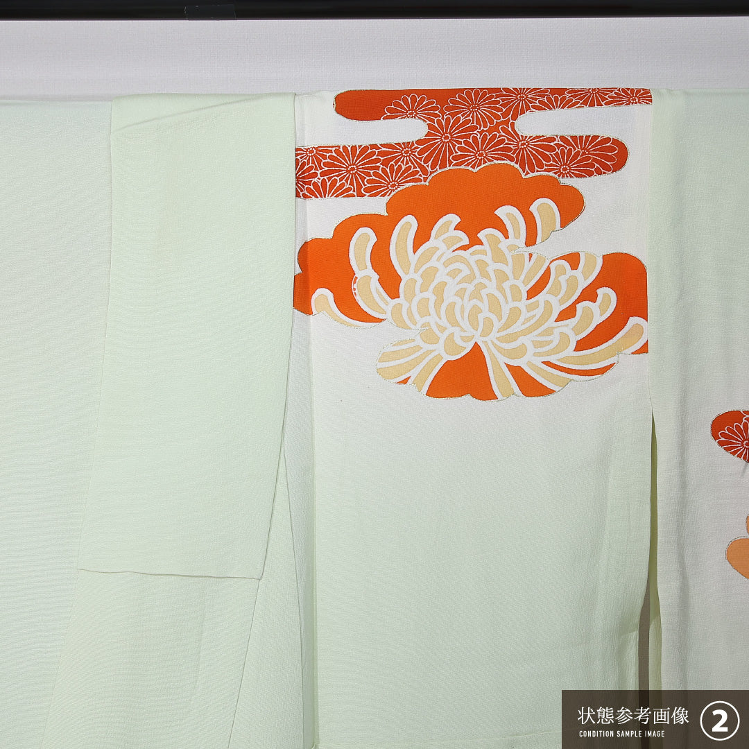 アンティーク 訪問着 身丈156cm 裄丈65cm Bランク M 正絹 単衣 広衿 金駒刺繍 エ霞 菊 緑系 1212-12323