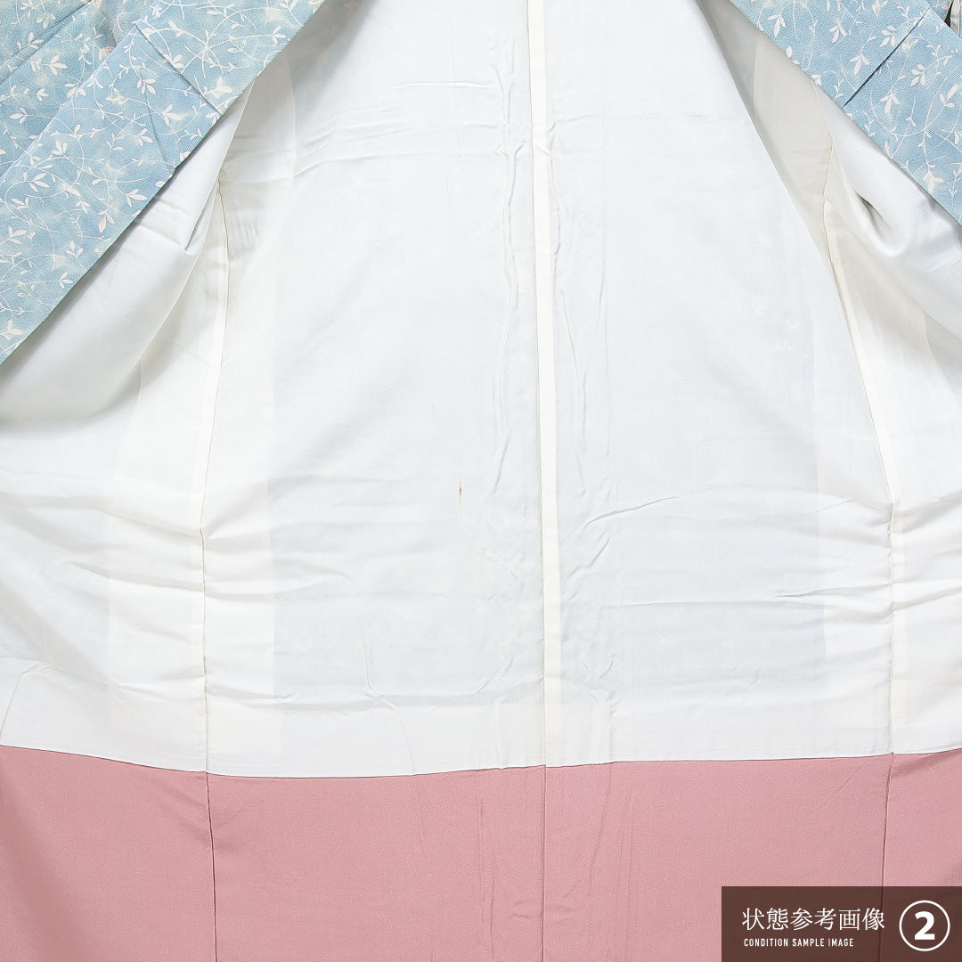 小紋 袷 身丈152cm 裄丈60cm 正絹 Aランク Sサイズ 広衿 インフォーマル 植物柄 水色系 1215-14860