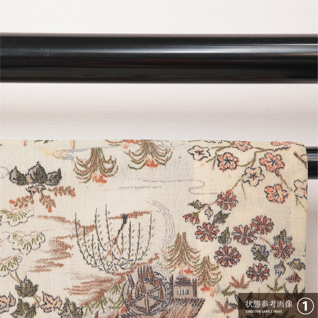 洗える着物 ウールの羽織 単衣 身丈77cm 裄丈62cm ウール Bランク カジュアル Sサイズ 紐あり 茶屋辻 楼閣 クリーム系 HP 1232-13909