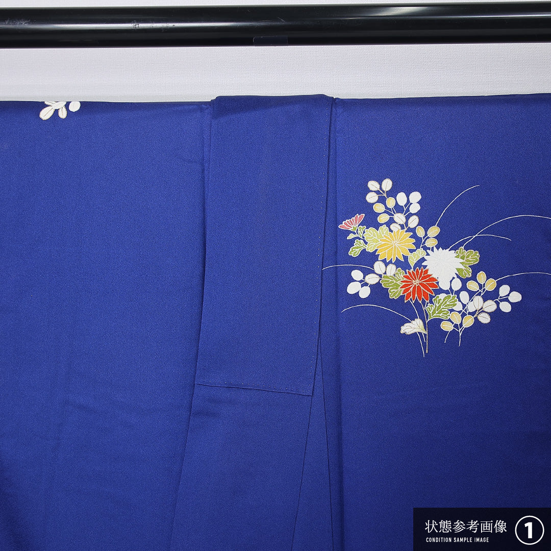 小振袖 身丈168cm 裄丈65cm Aランク 袷 正絹 M 広衿 吉祥文様 古典柄 菊 藤 桔梗 花柄 萩 青系 1213-F0444