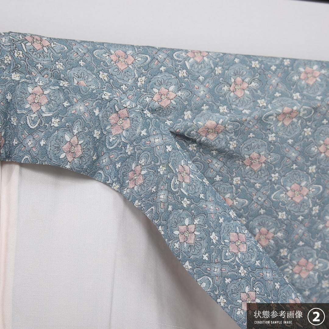 小紋 袷 身丈161cm 裄丈63cm 正絹 Aランク インフォーマル バチ衿 Lサイズ 花菱 水色系 RP 1221-12012