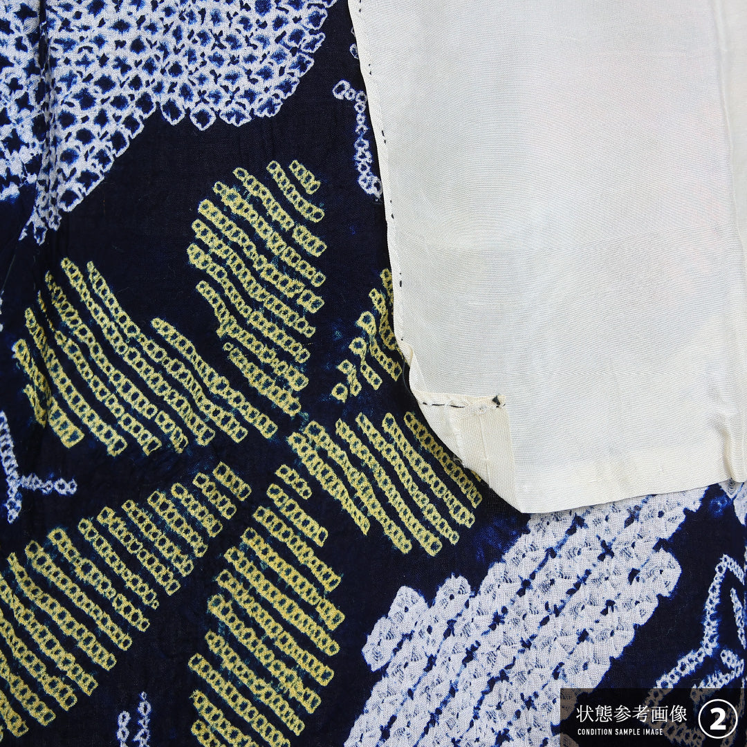 夏物 洗える着物 木綿の有松鳴海絞 (有松鳴海絞) 夏物 身丈148cm 裄丈66cm 木綿 Bランク カジュアル バチ衿 XSサイズ 居敷当て 紅葉 青系 M4 1225-12121