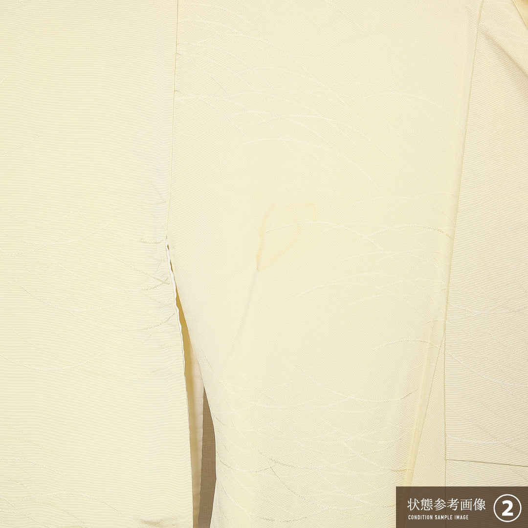 色無地 袷 身丈151cm 裄丈63cm 正絹 Bランク 紋意匠 (芝草) インフォーマル 広衿 Sサイズ 織り出し 無地 クリーム系 HP 1219-11191