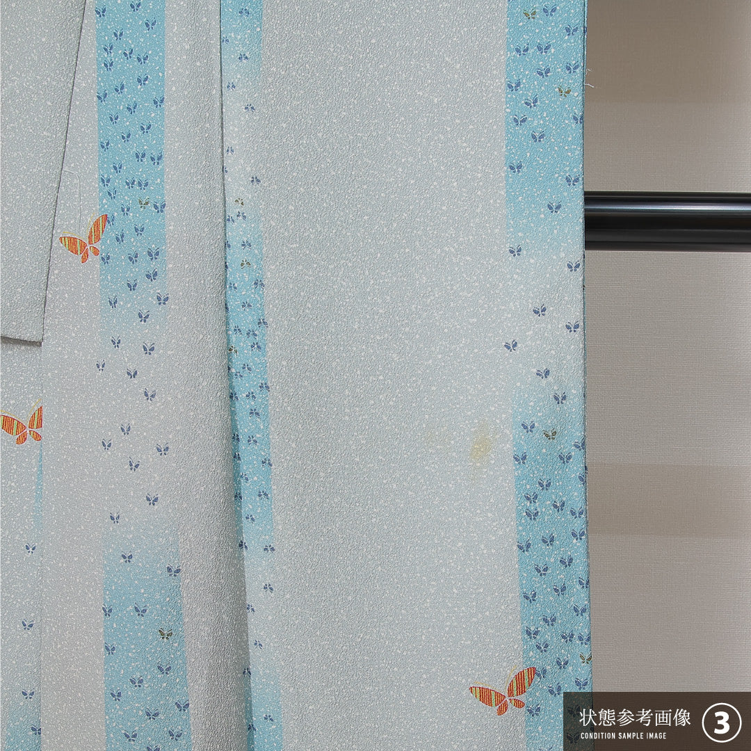 洗える着物 小紋 袷 身丈166cm 裄丈61cm ポリエステル Bランク インフォーマル 広衿 XLサイズ 蝶 グレー系 RP 1221-14919