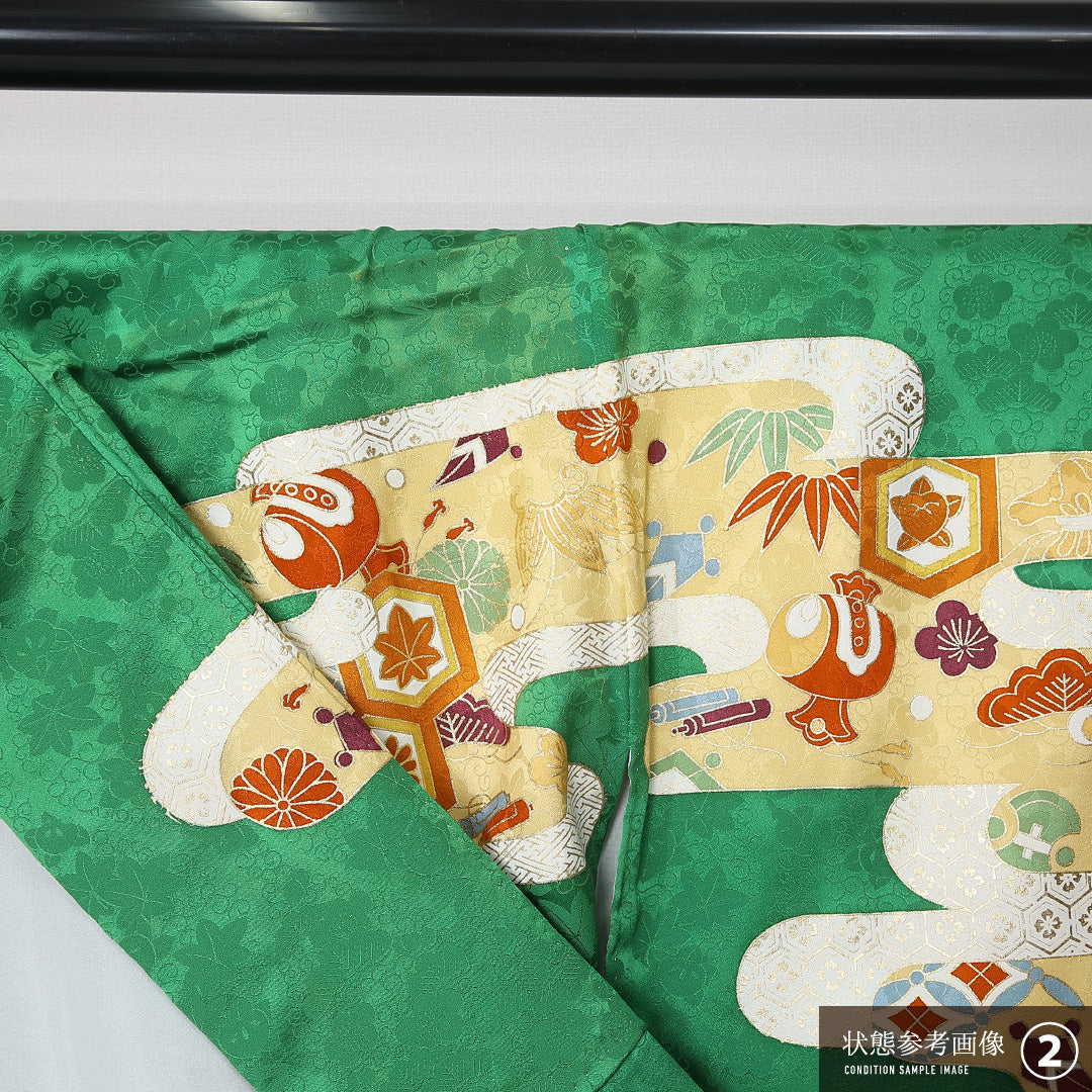 振袖 身丈170cm 裄丈67.5cm Aランク 正絹 袷 広衿 2XL エ霞 宝尽くし フォーマル 古典的 華やか 緑系 1213-F0492