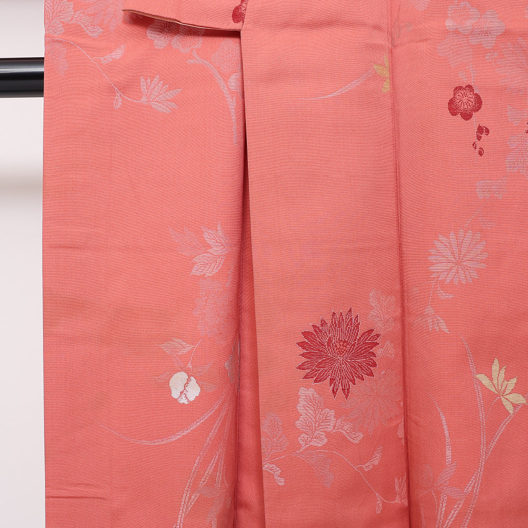 アンティーク 袷 身丈152cm 裄62cm 正絹 お召 梅 菊 ピンク系 Cランク 1216-01350