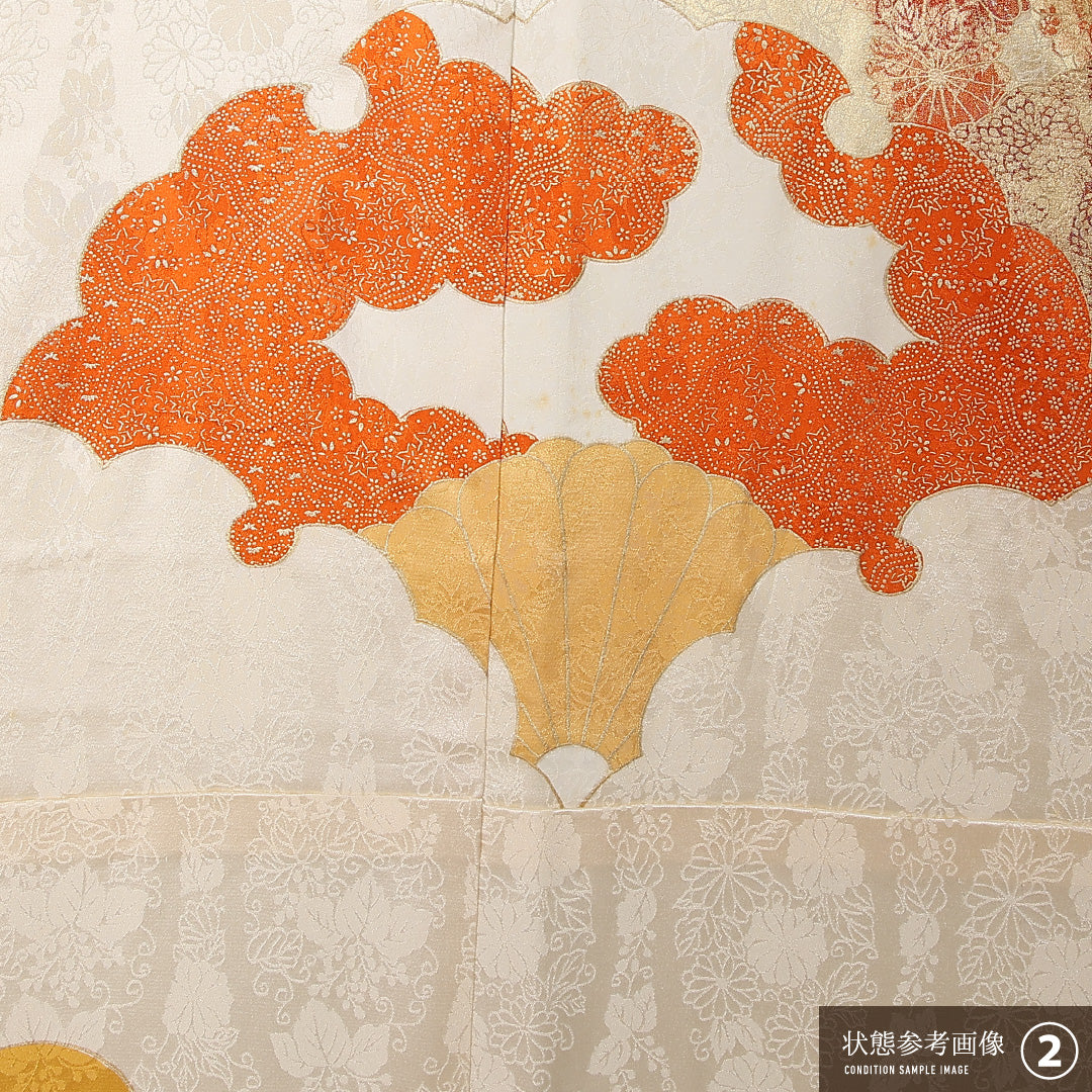 振袖 身丈165cm 裄丈64.5cm Bランク 袷 正絹 S 広衿 刺繍 金駒刺繍 エ霞 吉祥文様 古典柄 雪輪 菊 紅葉 楓 花柄 金襴 橘 クリーム系 1213-F0439