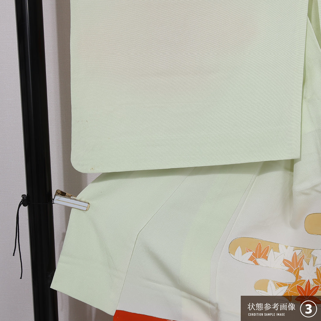 アンティーク 訪問着 身丈156cm 裄丈65cm Bランク M 正絹 単衣 広衿 金駒刺繍 エ霞 菊 緑系 1212-12323