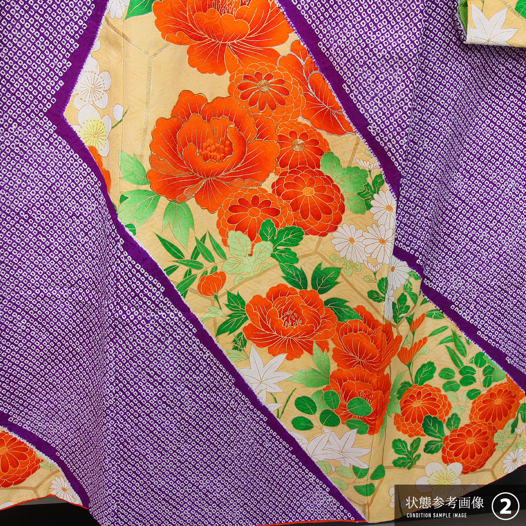 振袖 身丈150cm 裄丈61.5cm Aランク 袷 正絹 S 広衿 絞り 吉祥文様 古典柄 菊 牡丹 紫系 1213-F0445