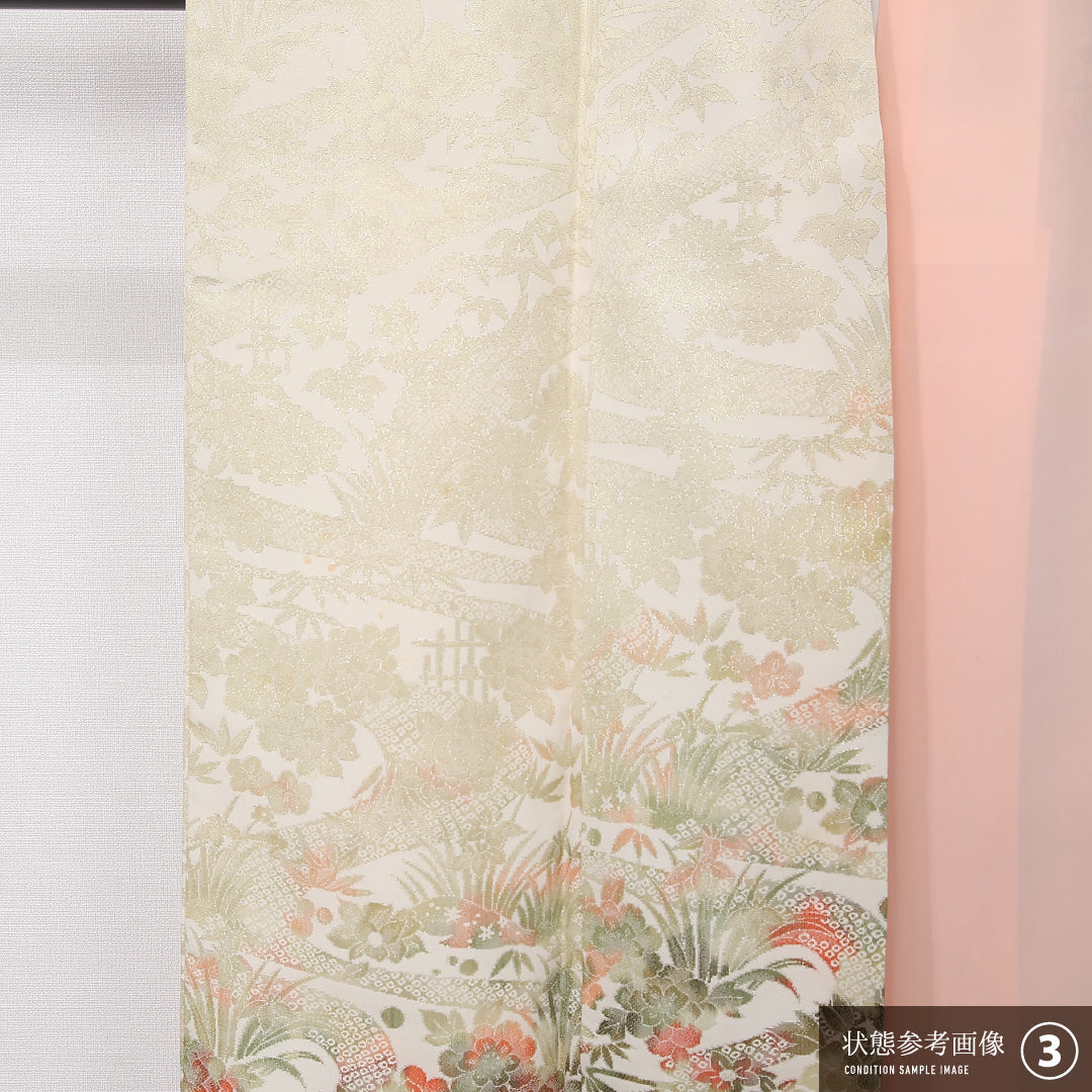 訪問着 袷 身丈147cm 裄丈62cm 正絹 Aランク セミフォーマル 広衿 XSサイズ 型染め 吉祥文様 クリーム系 RP 1217-12440
