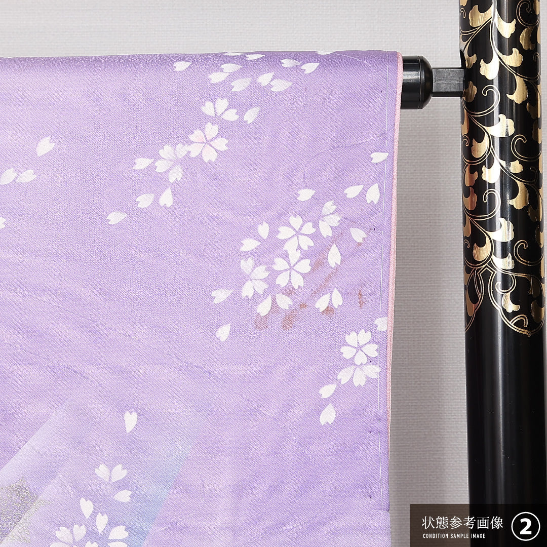 振袖 身丈161cm 裄丈65cm Bランク 正絹 袷 広衿 L しつけ糸 流水 吉祥文様 桜 フォーマル 紫系 1213-F0527