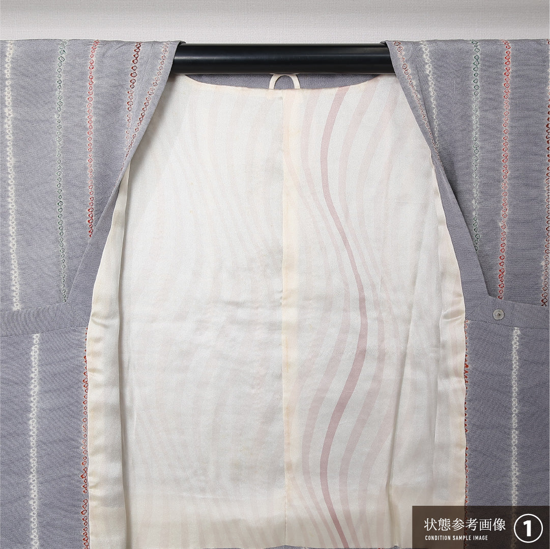 道行コート 袷 身丈87cm 裄丈65cm 正絹 Aランク セミフォーマル Mサイズ ポケットあり 縞 グレー系 HP 1237-12876