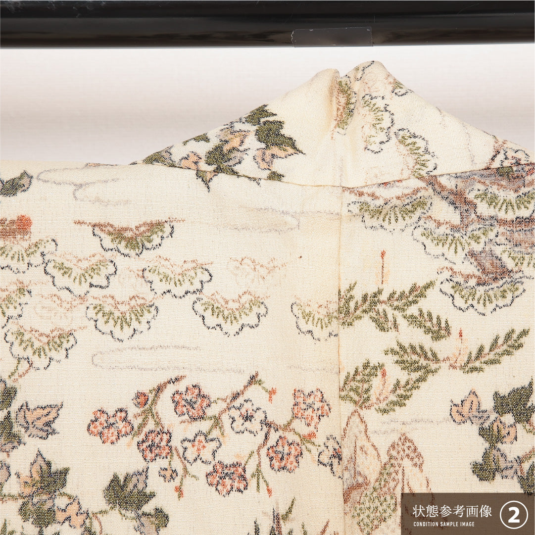 洗える着物 ウールの羽織 単衣 身丈77cm 裄丈62cm ウール Bランク カジュアル Sサイズ 紐あり 茶屋辻 楼閣 クリーム系 HP 1232-13909
