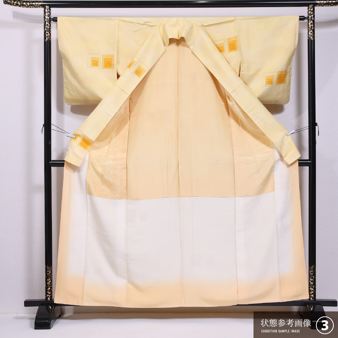 紬 袷 身丈161cm 裄丈63cm 正絹 Bランク カジュアル 広衿 Lサイズ 幾何学柄 黄系 HP 1223-11637