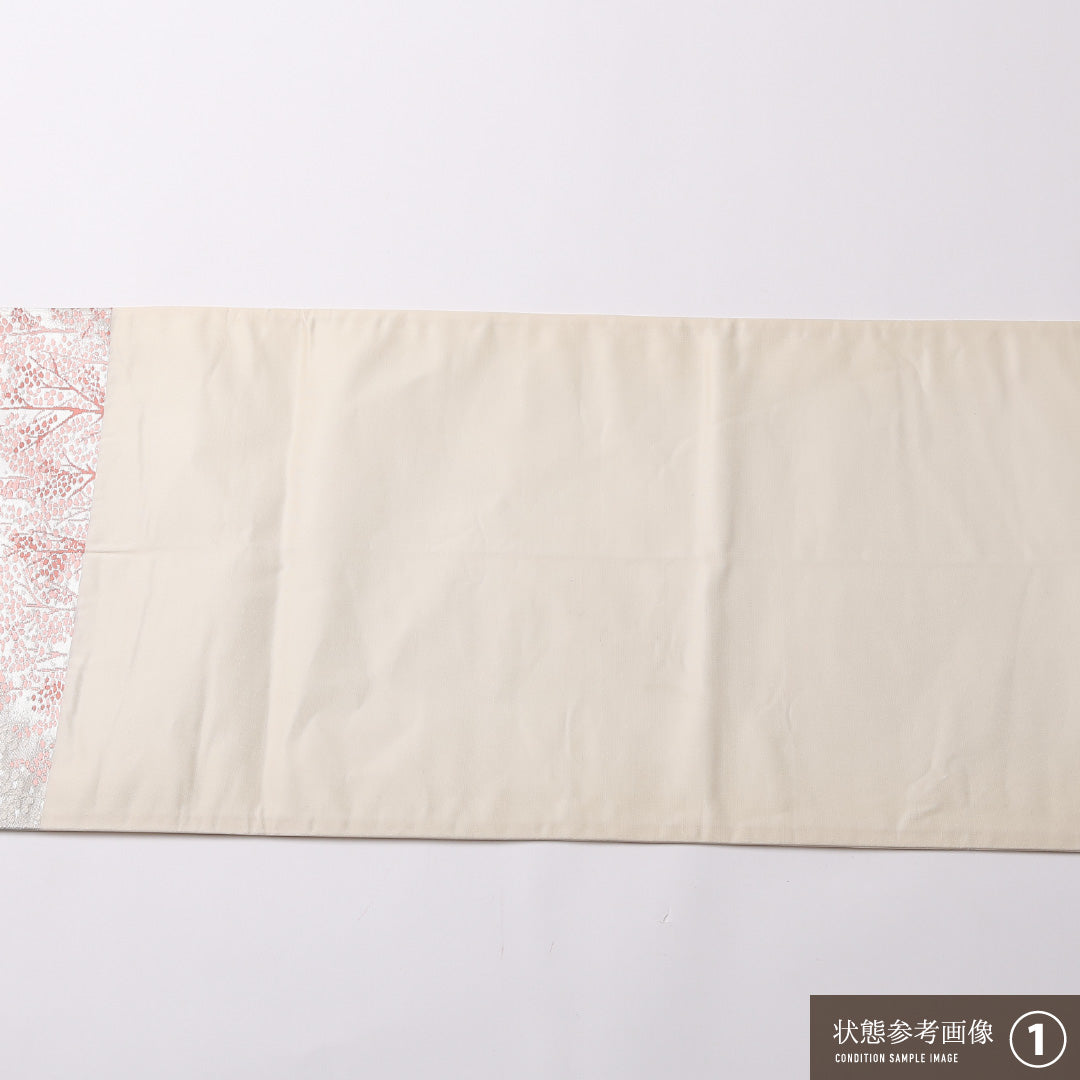 袋帯 帯丈374cm 正絹 六通 セミフォーマル 木立 銀系 ピンク系 1243-01548