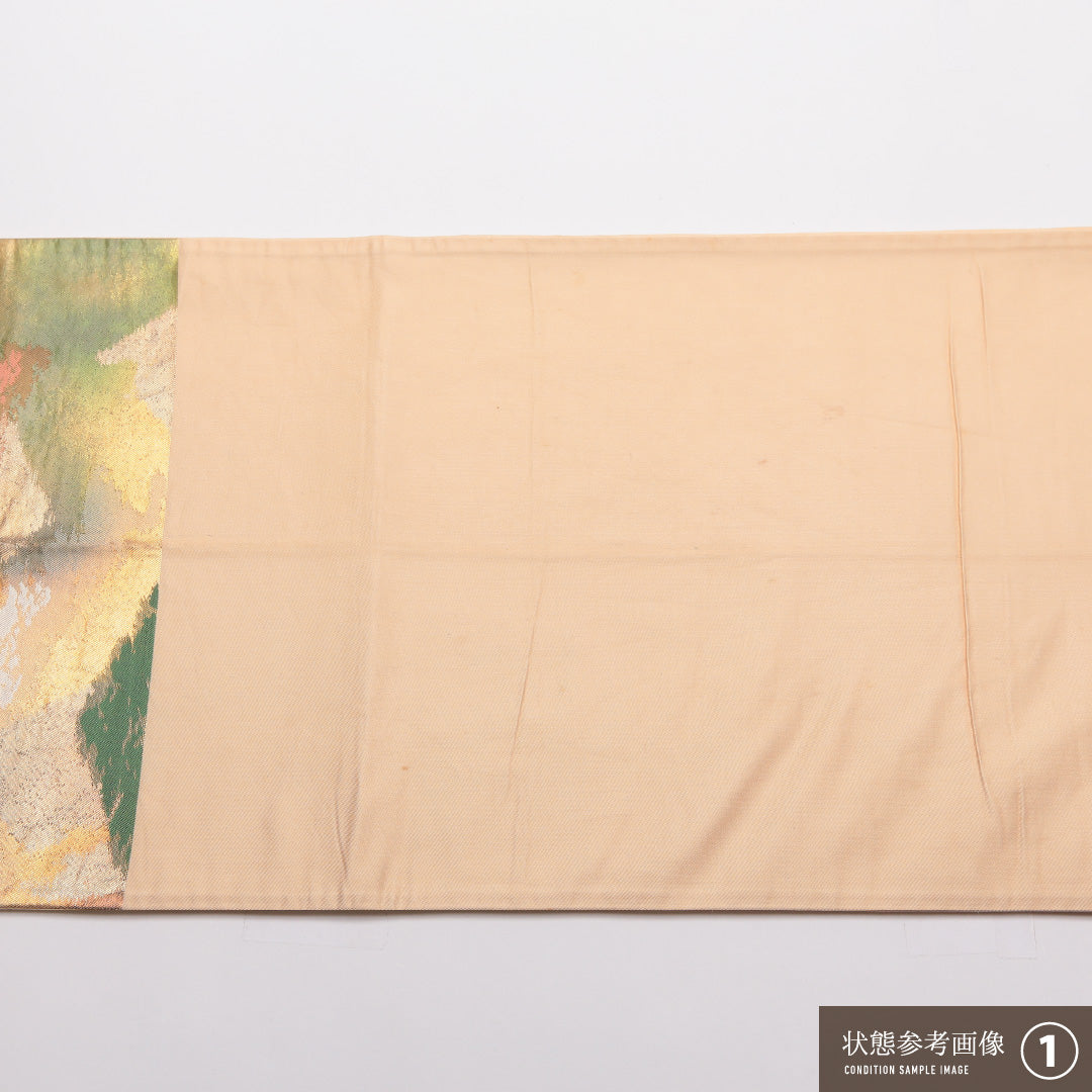 袋帯 帯丈408cm Aランク 六通 正絹 樹木 セミフォーマル クリーム系 1223-01418