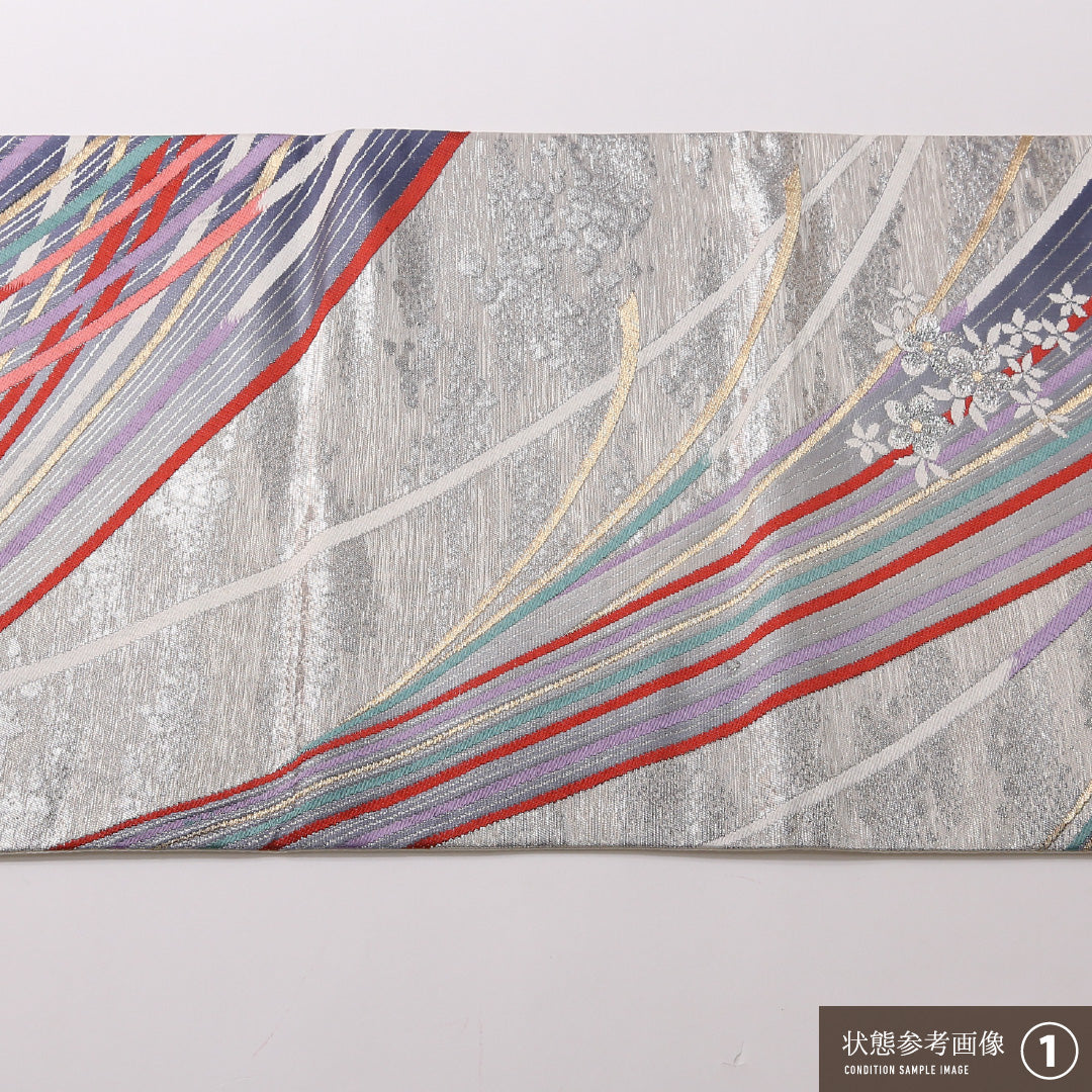 振袖用 袋帯 帯丈424cm 正絹 六通 創作柄 銀系 1243-01659
