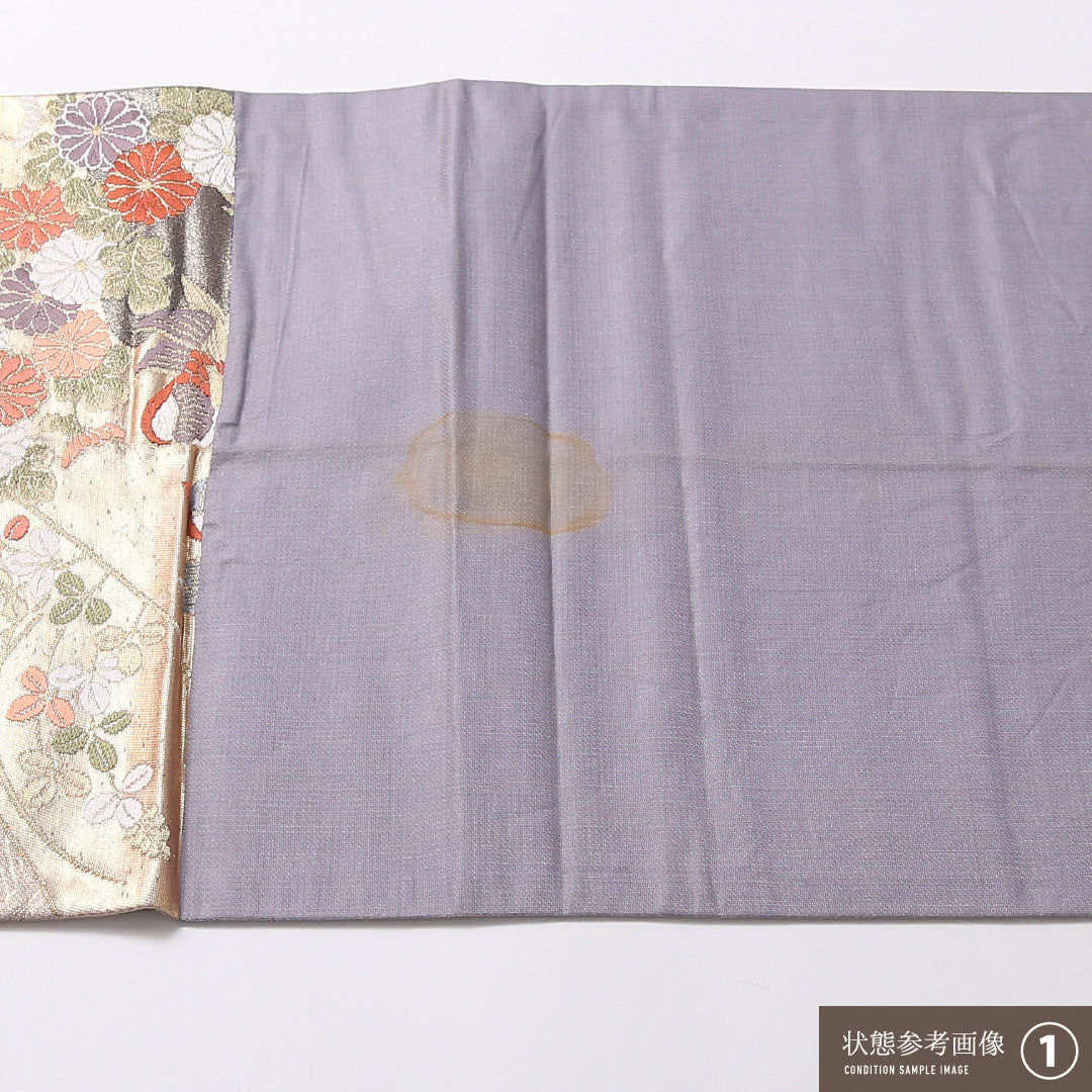 袋帯 帯丈418cm 正絹 六通 フォーマル 本金箔 鴛鴦 山水 金系 ベージュ系 1243-01688