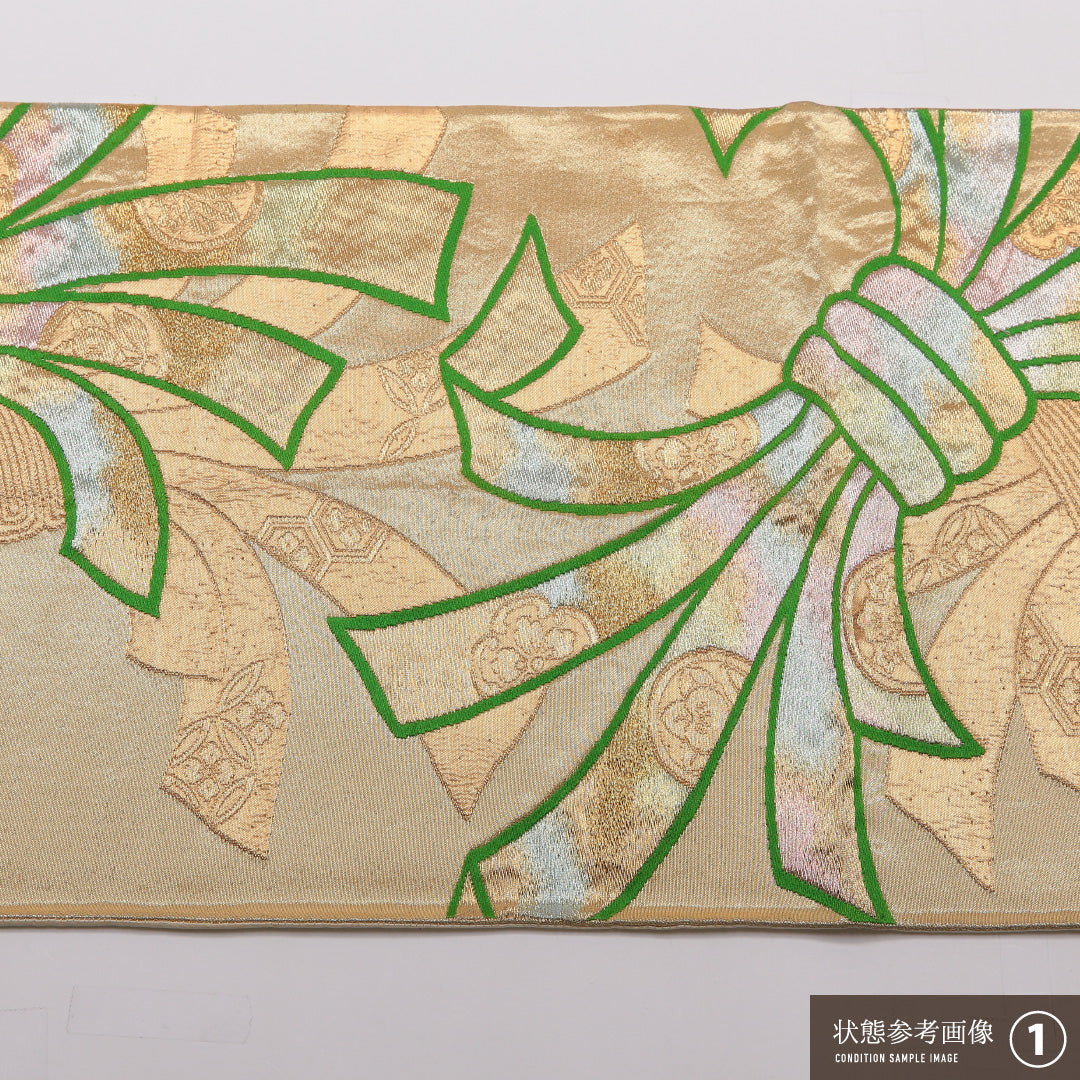 袋帯 帯丈412cm 正絹 六通 帯端のみ未仕立て 帯芯なし フォーマル 唐織 熨斗 金系 1243-01446
