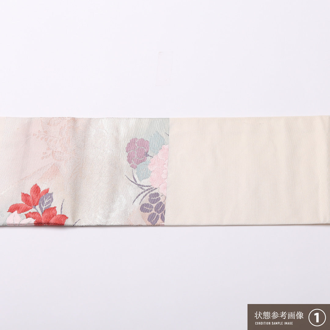 名古屋帯 六通 帯丈359cm セミフォーマル Aランク 正絹 綴れ織 牡丹 ピンク系 1224-02561