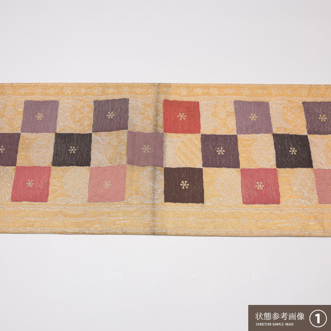 袋帯 帯丈444cm 正絹 六通 セミフォーマル 市松 丸文 金系 1243-01259