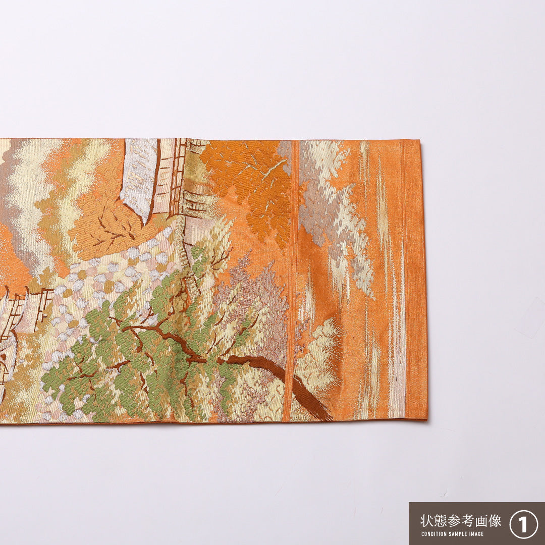 袋帯 帯丈436cm 正絹 六通 セミフォーマル 城 楼閣 松 金系 朱系 1243-01564