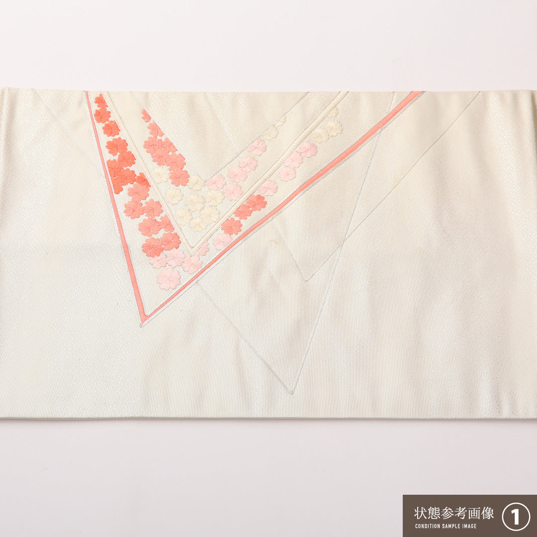 九寸名古屋帯 Bランク 帯丈352cm 正絹 六通 名古屋仕立て 織り セミフォーマル 桜 クリーム系・銀系 RP 1245-02316
