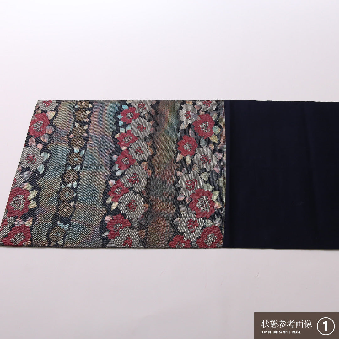 袋帯 帯丈404cm 正絹 六通 帯芯なし セミフォーマル こはく錦 花柄 紺系 1243-01652