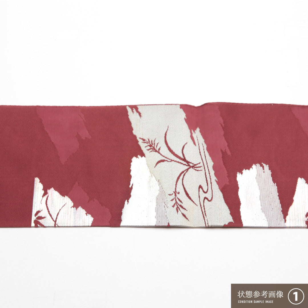 九寸名古屋帯 帯丈346cm 正絹 六通 織り セミフォーマル 芝草 紅葉 紫系 RP 1245-01923