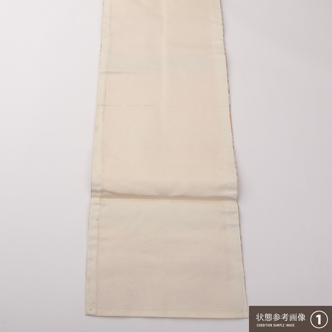 九寸名古屋帯 Aランク 帯丈350cm 正絹 六通 名古屋仕立て 織り セミフォーマル 唐草華文 荒磯 クリーム系 RP 1245-02209