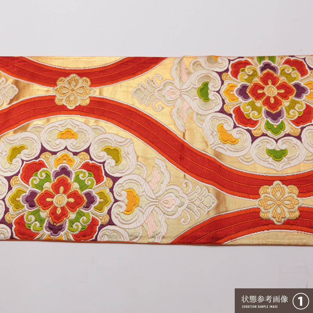 袋帯 帯丈412cm 正絹 六通 フォーマル 唐織 宝相華 立涌 朱系 1243-01442