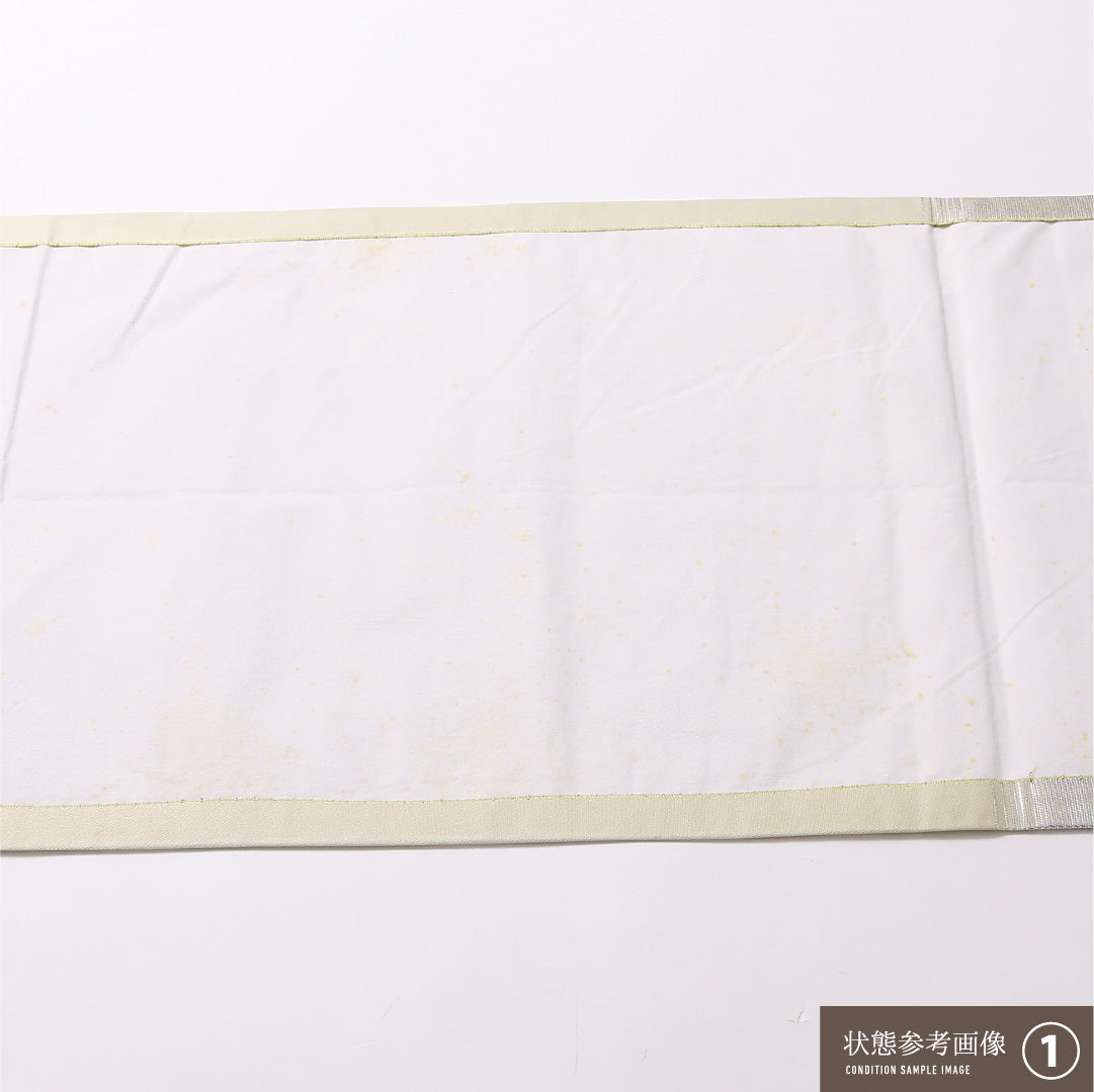 九寸名古屋帯 Aランク 帯丈370cm 正絹 ポイント柄 開き仕立て 織り セミフォーマル 色紙 金を重ねたような銀系 RP 1245-02868