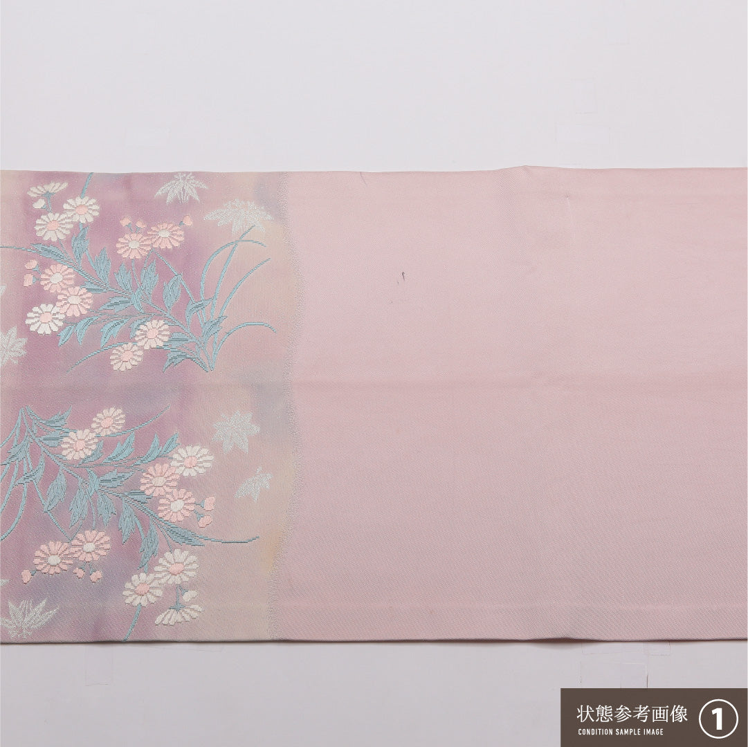 九寸名古屋帯 Bランク 帯丈364cm 正絹 六通 開き仕立て 織り セミフォーマル 四季草花 ピンク系 HP 1245-01948