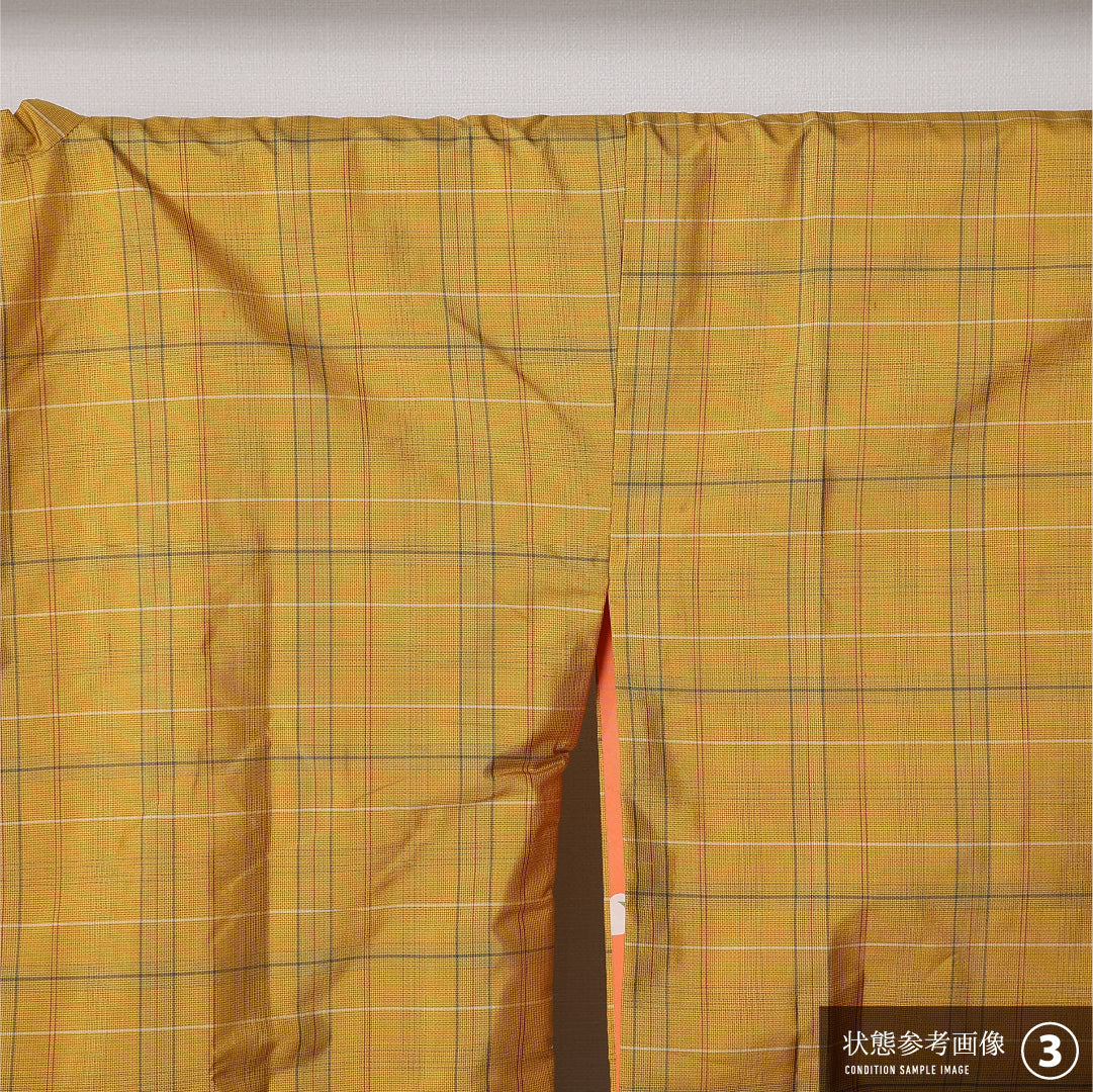 道行コート 袷 身丈85cm 裄丈64cm 正絹 Aランク セミフォーマル Mサイズ ポケットあり 格子 スタイリッシュ シンプル 黄系 GP 1237-12909