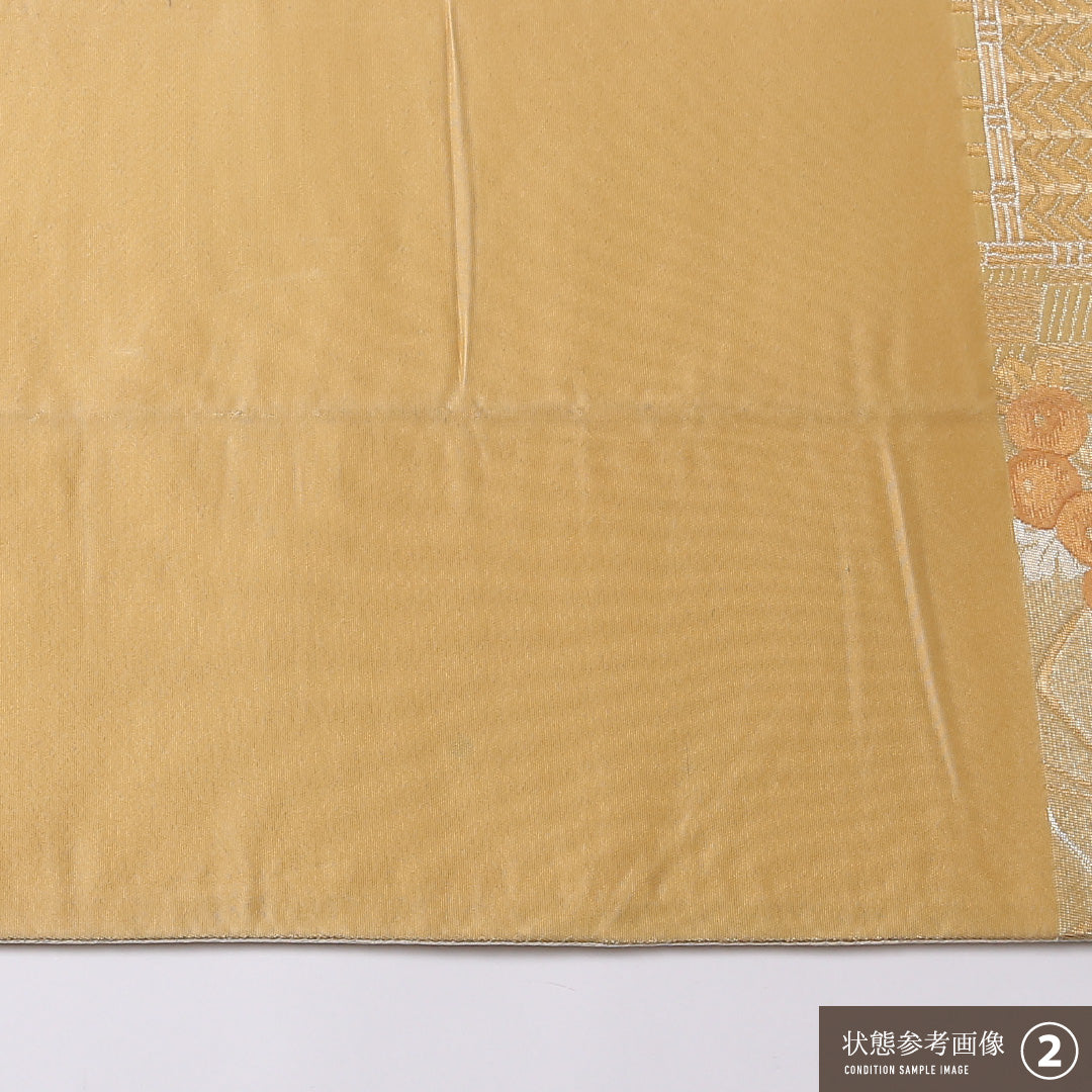 袋帯 帯丈420cm 正絹 六通 フォーマル 琳派 几帳 椿 金系 朱系 1243-01581