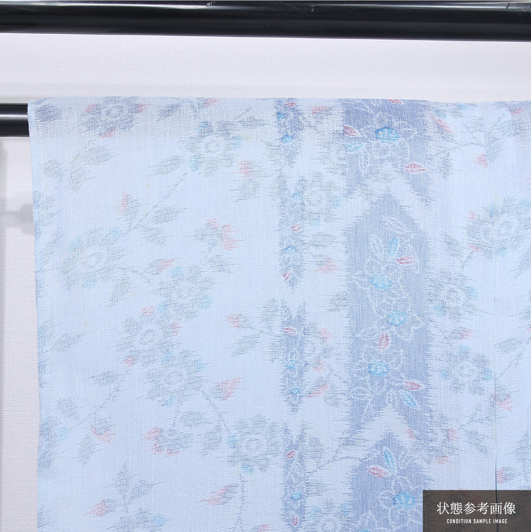 夏物 紬 身丈156cm 裄丈66cm Cランク M 麻 洗える着物 単衣 バチ衿 矢絣 椿 カジュアル 水色系 1216-12298