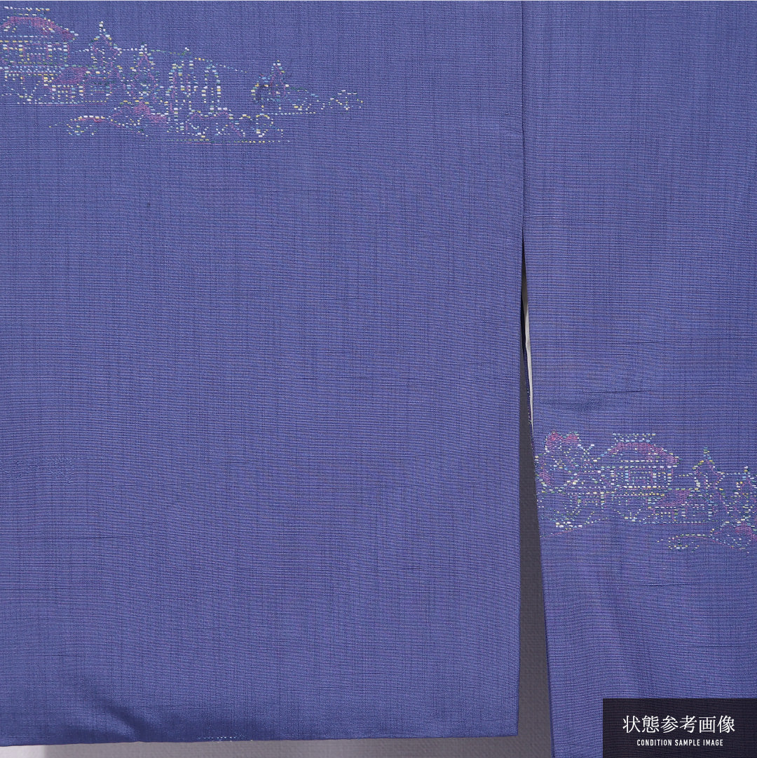 紬 袷 身丈160cm 裄丈63cm 正絹 Cランク カジュアル 広衿 Lサイズ 経総絣 風景柄 建物 紫系 LP 1223-11565