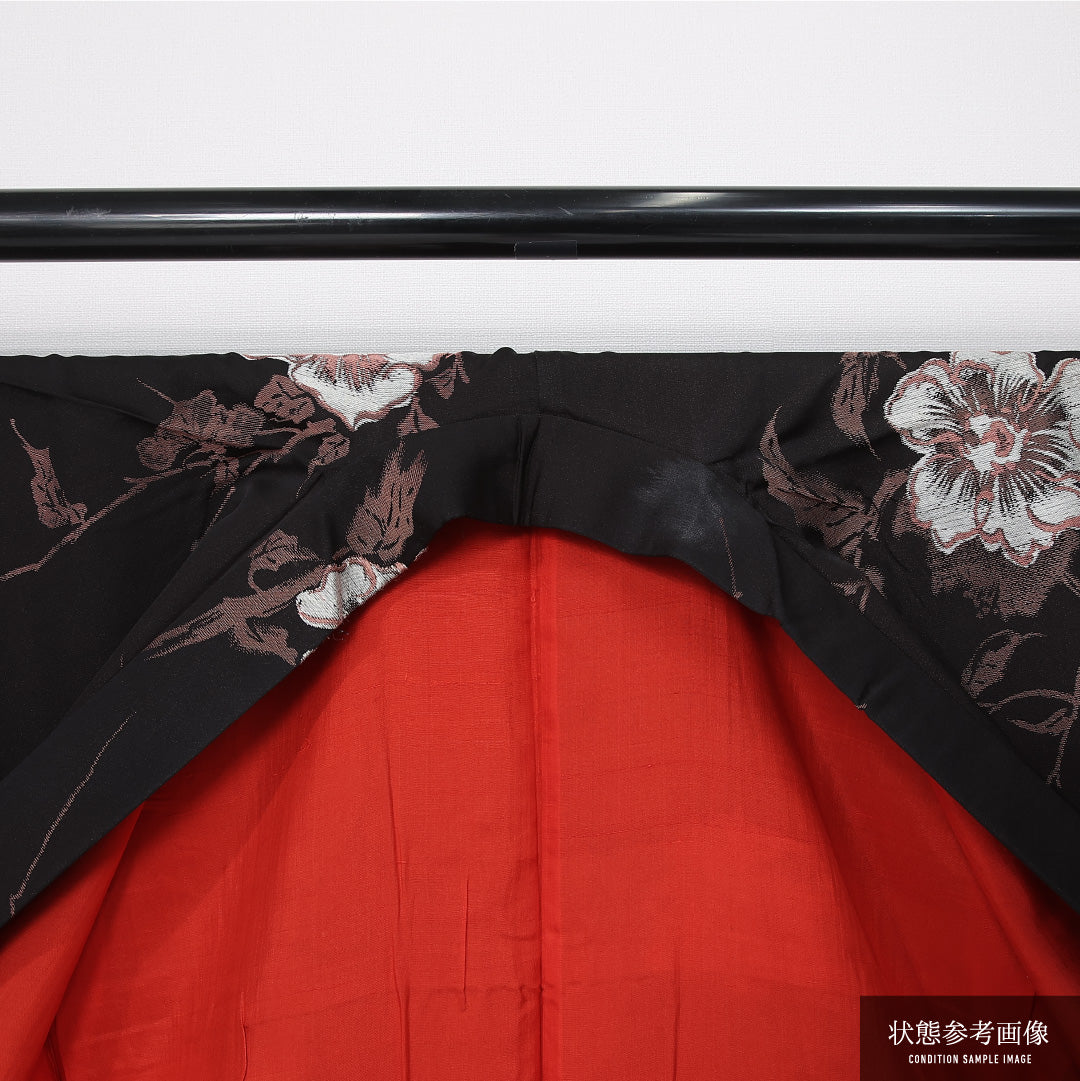 アンティーク お召 袷 身丈147cm 裄丈63cm 正絹 Bランク バチ衿 XSサイズ 花柄 黒系 M4 1222-11990