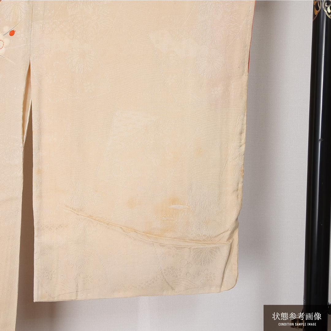 アンティーク 訪問着 (錦紗) 袷 身丈150cm 裄丈62cm 正絹 Dランク バチ衿 Sサイズ 吉祥文様 クリーム系 RP 1217-12446