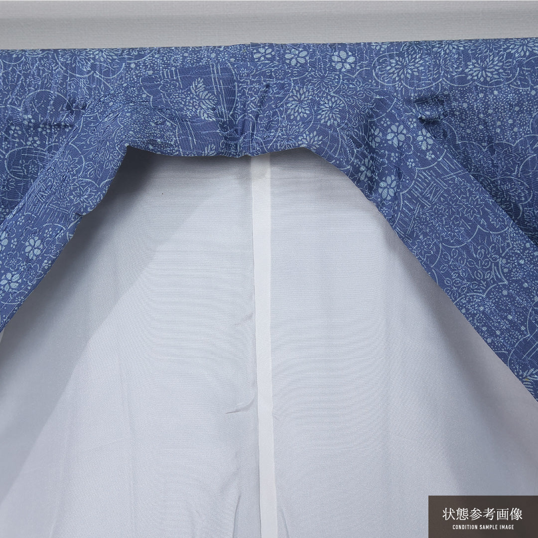 洗える着物 小紋 袷 身丈157cm 裄丈62cm ポリエステル Cランク インフォーマル バチ衿 Mサイズ 茶屋辻 花柄 紅葉 青系 LP 1221-12047