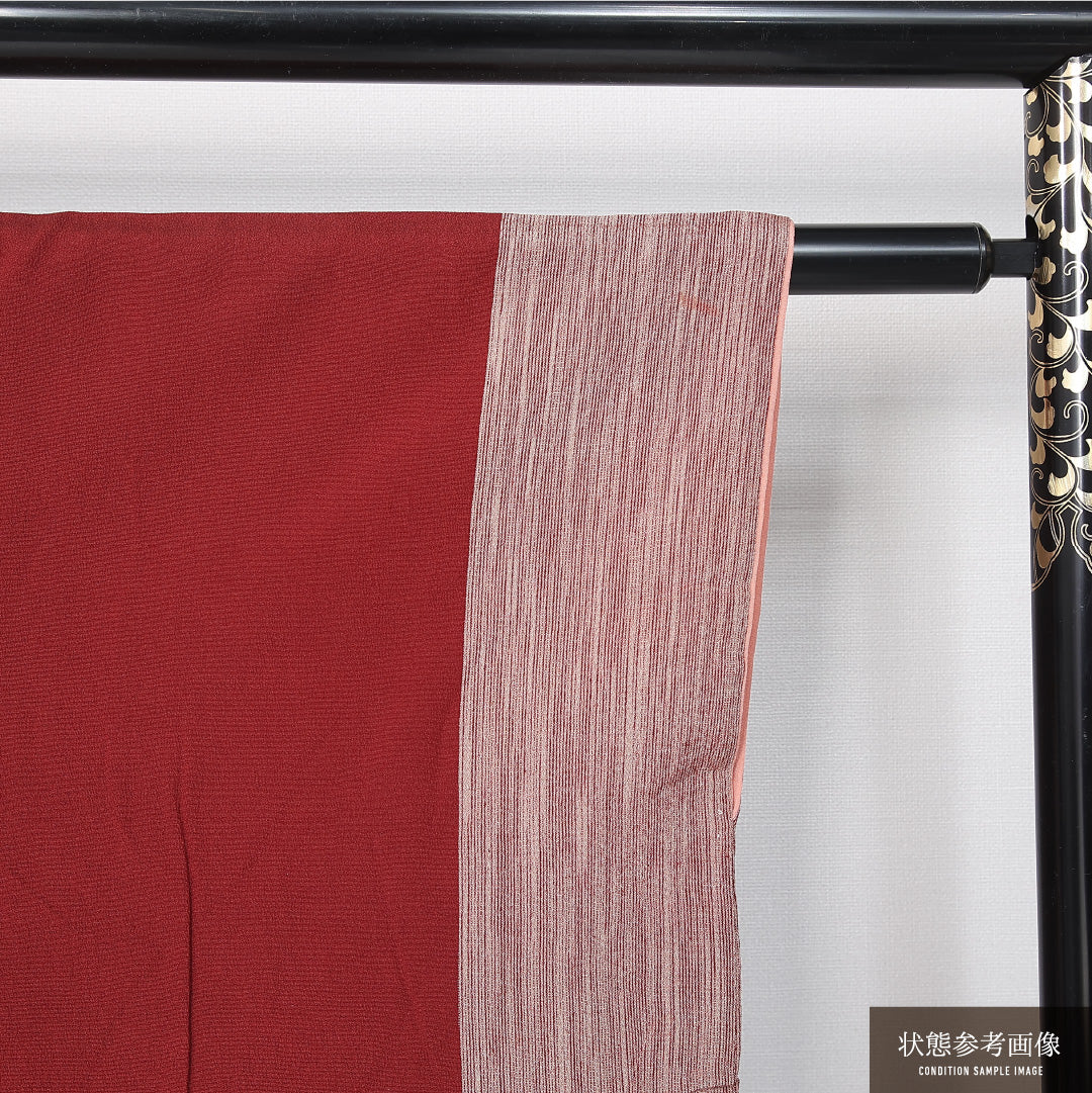 アンティーク お召 身丈147cm 裄丈65cm Dランク XS 正絹 袷 広衿 モダン 縞 赤系 1265-11955