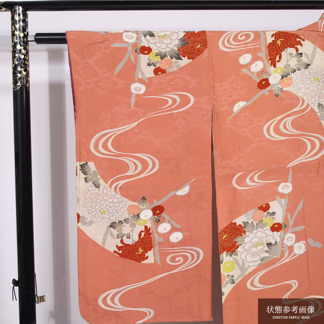アンティーク 小紋 袷 身丈145cm 裄丈60cm 正絹 Bランク バチ衿 XSサイズ 小振袖 流水 菊 ピンク系 M4 1221-11677