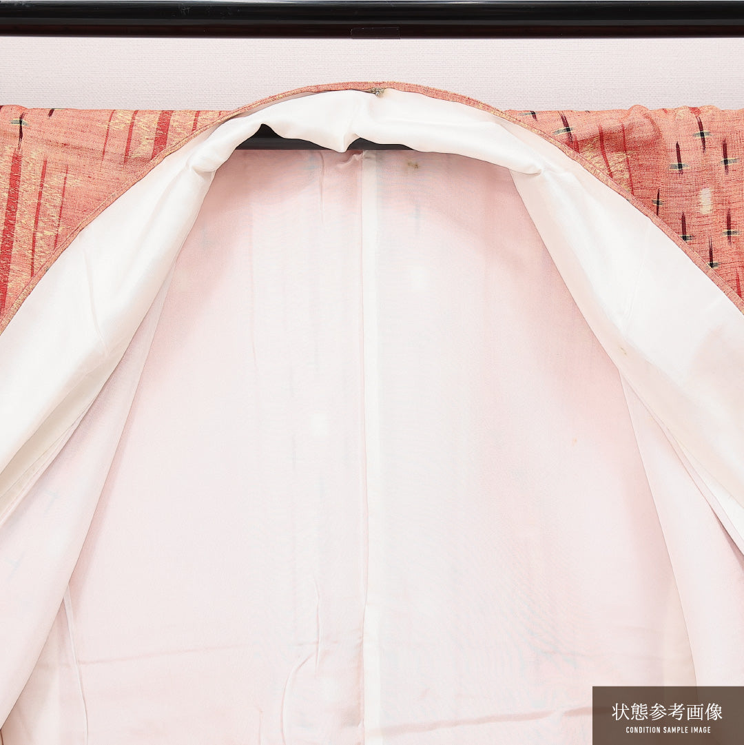 紬 袷 身丈159cm 裄丈65cm 正絹 Aランク カジュアル 広衿 Mサイズ 十字絣 ピンク系 RP 1223-14557
