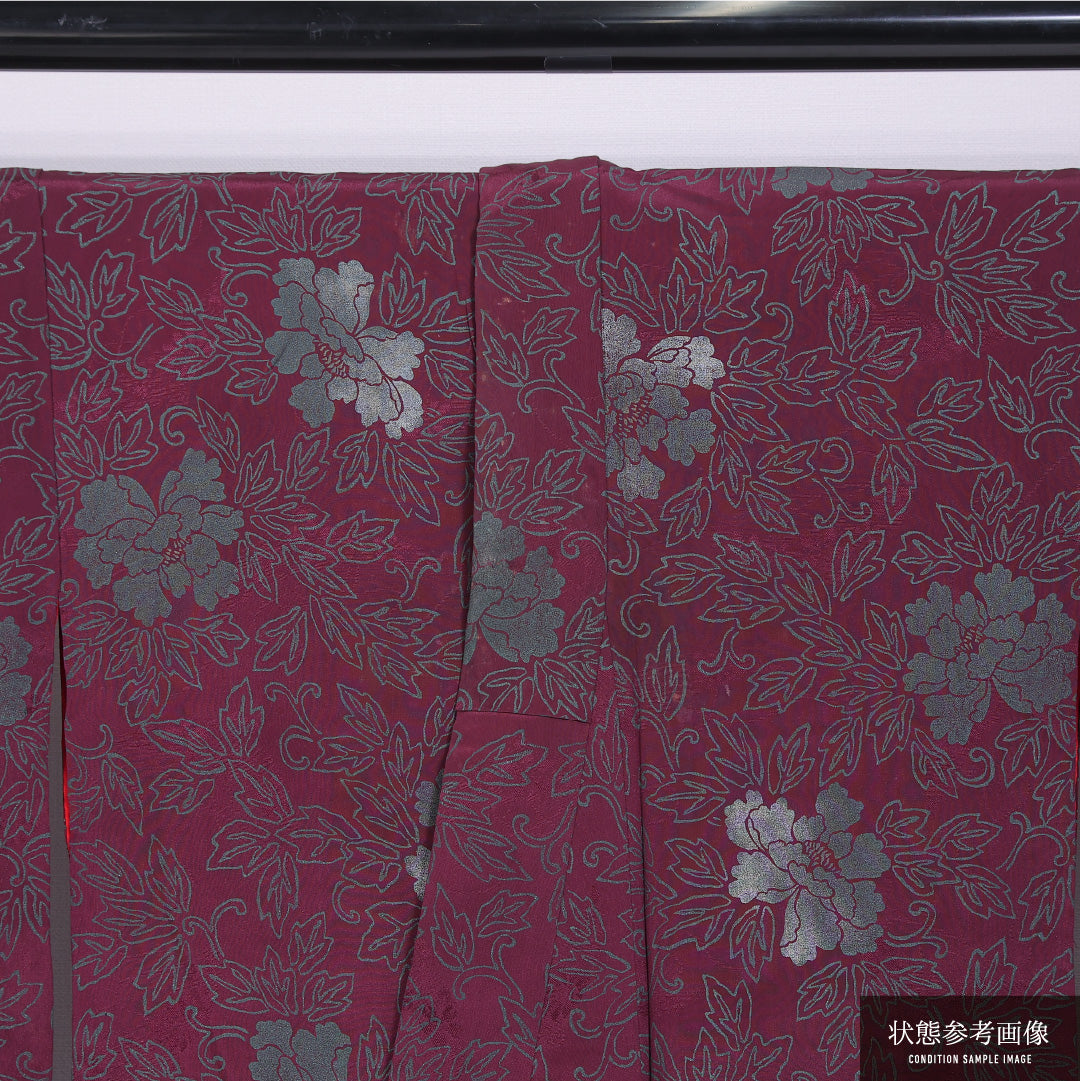 アンティーク 小紋 (紬) 袷 身丈150cm 裄丈66cm 正絹 Dランク バチ衿 Sサイズ 牡丹 紫系 RP 1221-11674
