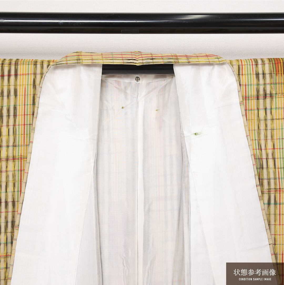 紬 袷 身丈167cm 裄丈65cm 正絹 Sランク カジュアル 広衿 XLサイズ 格子 黄系 RP 1223-13559