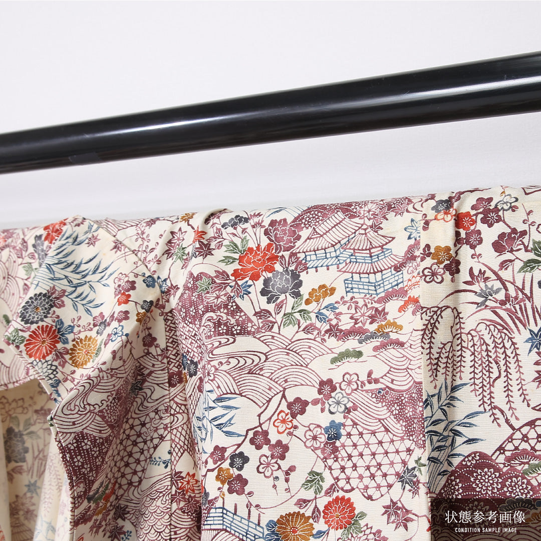 紬 身丈164cm 裄丈66cm Cランク L 正絹 単衣 広衿 茶屋辻 後染め カジュアル クリーム系 1216-12216