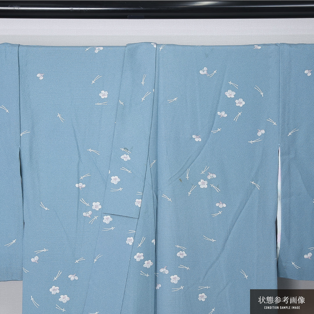 小紋 身丈154cm 裄丈67.5cm Cランク S 正絹 単衣 バチ衿 居敷当て 松葉 梅 カジュアル 水色系 1215-12322