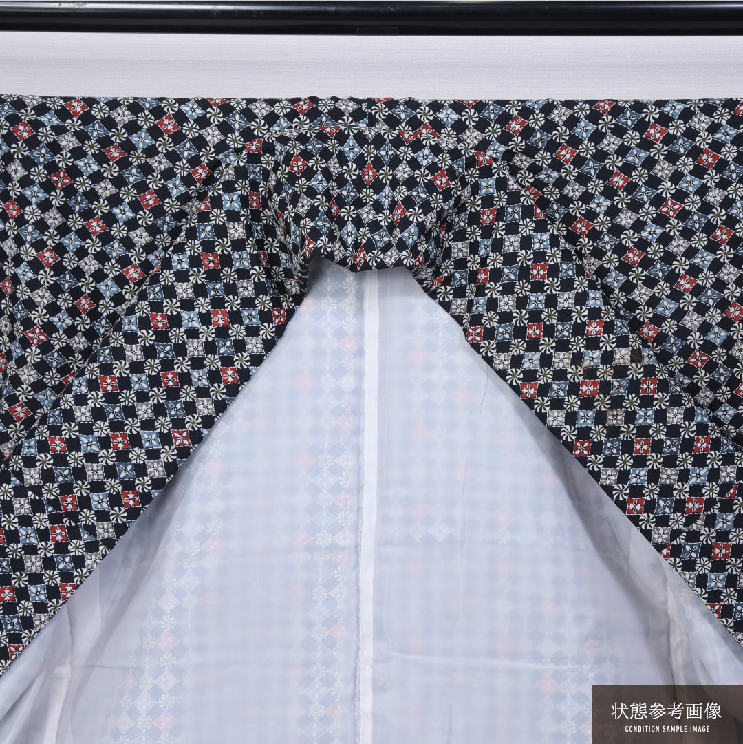 小紋 袷 身丈154cm 裄丈62cm 正絹 Cランク インフォーマル 広衿 Sサイズ 花菱 風車 黒系 LP 1221-11411