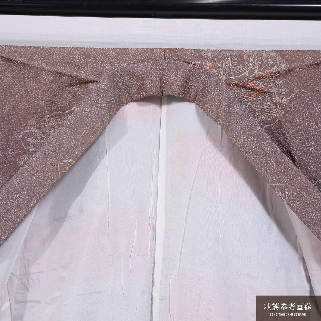 アンティーク お召 袷 身丈149cm 裄丈63cm 正絹 Cランク バチ衿 XSサイズ 流水 牡丹 茶系 RP 1222-11666