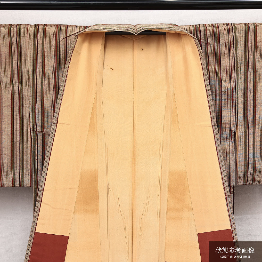 上田紬 袷 身丈160cm 裄丈63cm 正絹 Aランク カジュアル 広衿 Lサイズ 縞 茶系 HP 1223-14106